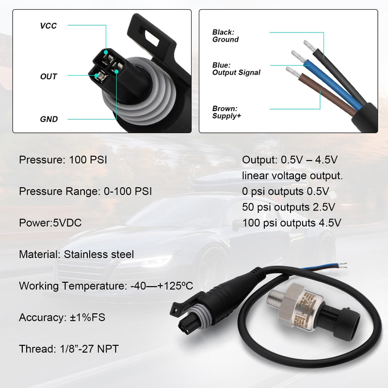 [Australia - AusPower] - 100 PSI Pressure Transducer Sender Sensor with 1/8" -27 NPT 316 Stainless Steel Thread and Harness Connector for Oil Fuel Air Water Pressure 100 PSI 