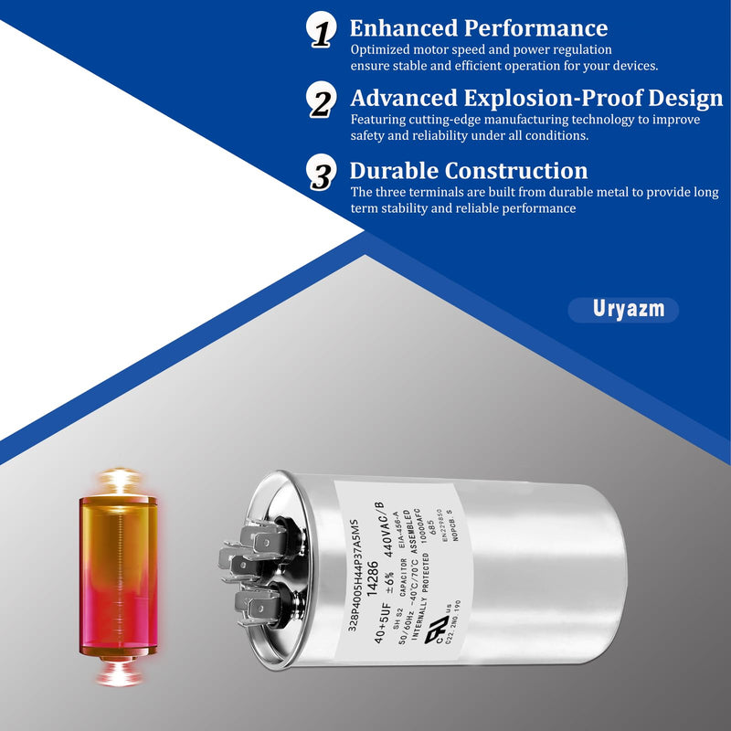 40+5 uf MFD 370/440 VAC Dual Run Round Capacitor, Universal AC Capacitor Replacement for HVAC Air Conditioner, Heat Pump, Condenser Straight Cool (14286) 14286