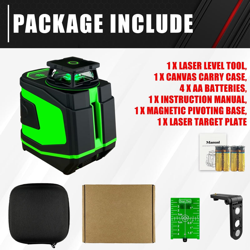 [Australia - AusPower] - 5 Line Laser Level,100ft Self-Leveling Green Laser Level,Cross Line Laser,Vertical and horizontal lines,Rotates 360 Degrees,Include Magnetic Pivoting Base, Portable Bag, Laser Target Plate,Batteries 5 LINE 