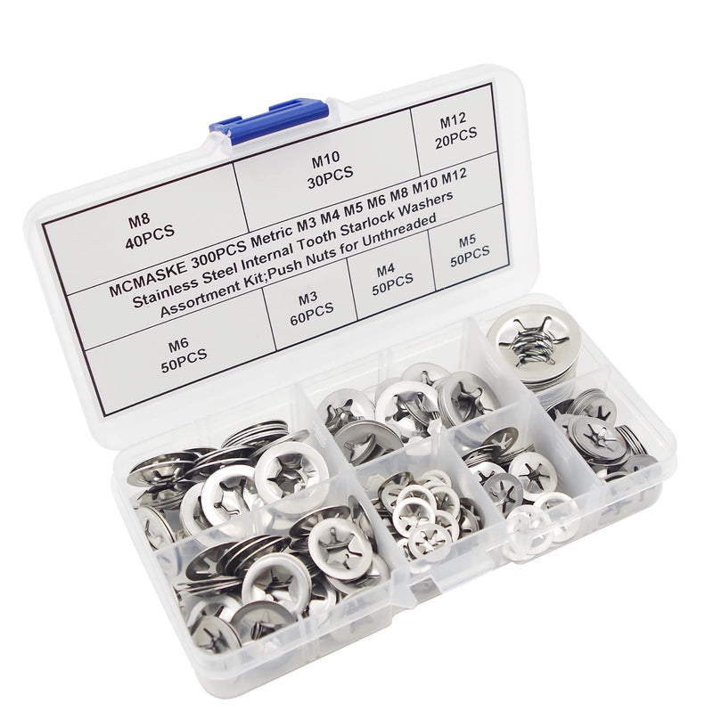 [Australia - AusPower] - 300PCS Metric M3 M4 M5 M6 M8 M10 M12 Stainless Steel Internal Tooth Starlock Washers Assortment Kit;External Push Rings; Push On Washers;Push Nuts for Unthreaded Shafts 