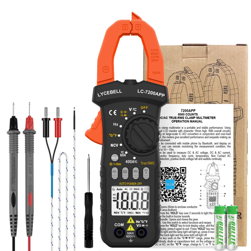 [Australia - AusPower] - 6000 Counts Clamp Meter & Bluetooth, Digital AC DC Voltage Current Amp Ohm Meter TRMS NCV Detector, Clamp Multimeter for Resistance Diode Continuity Temperature Car Electrical Tester 7200-APP 