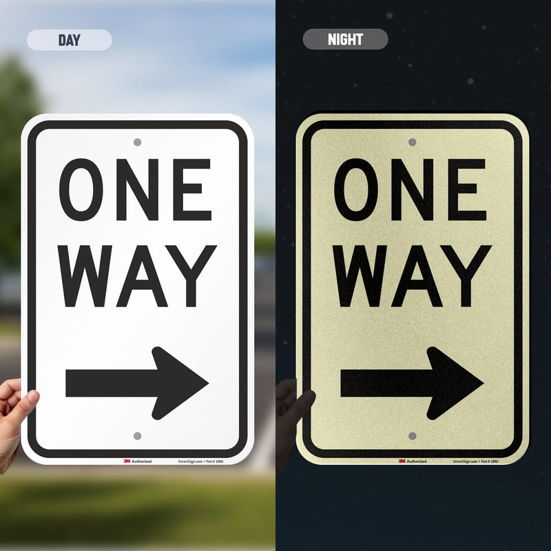 One Way Sign, One Way Sign with Right Arrow 18x12 3M Engineer Grade Reflective Rust Free .63 Aluminum, Easy to Mount Weather Resistant Made in USA by SmartSign 12" x 18" 3M EG Reflective Aluminum