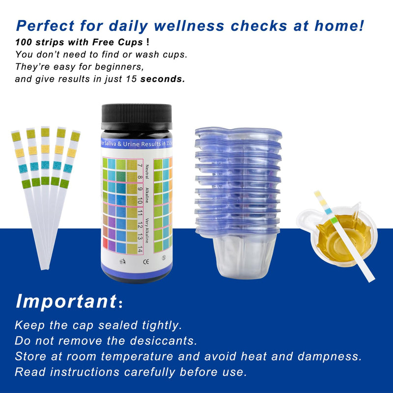 [Australia - AusPower] - Urine pH Test Strips for Humans 100 Ct with 100 Cups, 0-14 pH Strips for Saliva Testing, Alkaline Acid pH Test Strips for Water, Pool, Body pH, Fast 15-Second Results 