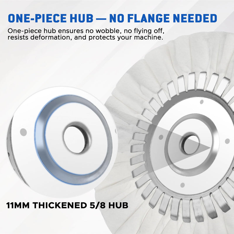 8" Fine White Airway Buffing Wheel with 5/8" Arbor Flange-Free Hub, Flange-Free, Cotton Polishing Wheel for Aluminum Truck Wheels, Rims, Chrome, Stainless Steel – Final Mirror Finish