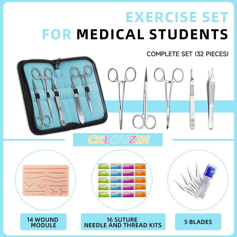 [Australia - AusPower] - Suture Practice Complete Kit (32 Pieces) for Medical Student Suture Training, Include Durable Suturing Pad with Pre-Cut Wounds, Tools Kit, and Suture Threads - eaching Purposes Only 