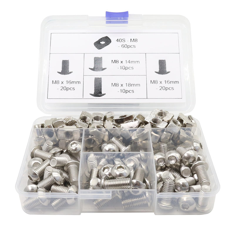 [Australia - AusPower] - 120Pcs 4040 Aluminum Extrusion Hardware Kit - M8 T Slot Nuts & Bolts 10Pcs M8x14, 40 M8x16, 10 M8x18, 60Pcs 40 Series M8 Drop-in T Nuts, Compatible with 4040 4080 Extrusion Accessories 