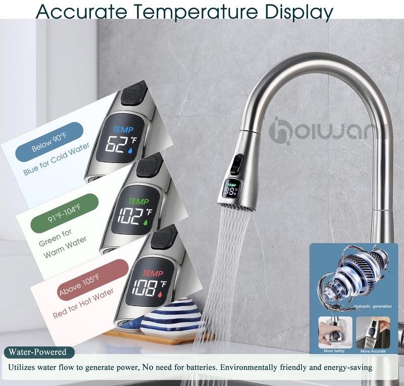 Kitchen Faucet Head Replacement, LED Temperature Display Kitchen Spray Head, Pull Down Pull Out Faucet Sprayer Nozzle,Brushed Nickel Brushed Nickel