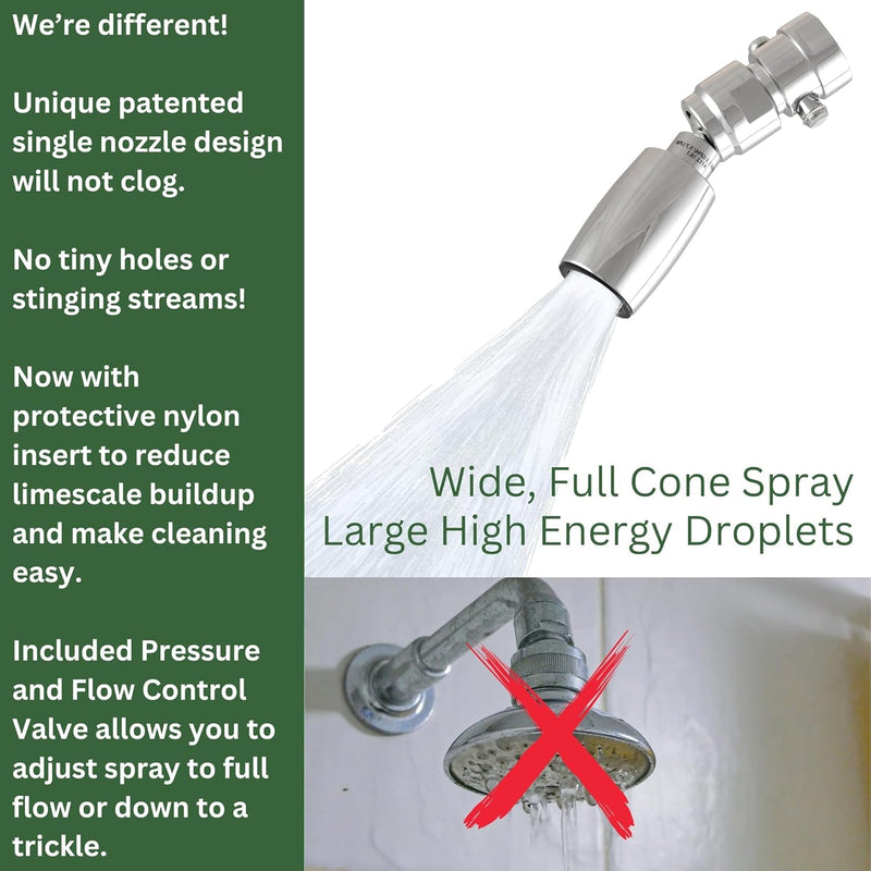 High Sierra® - CLASSIC™ Solid Lead-Free Metal 1.5 GPM Award Winning. Ultra Low Flow Shower Head with Trickle Valve. Patented Nozzle Never Clogs - Polished Chrome Finish