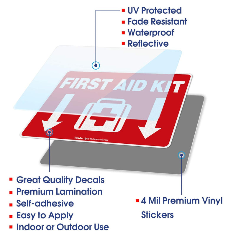 First Aid Kit Sticker, First Aid Kit Sticker Decal for Home, Schools and Business, 2 Pack, 10 x 7 inch Self-Adhesive Vinyl Decal Stickers, Reflective, UV Protected, Waterproof