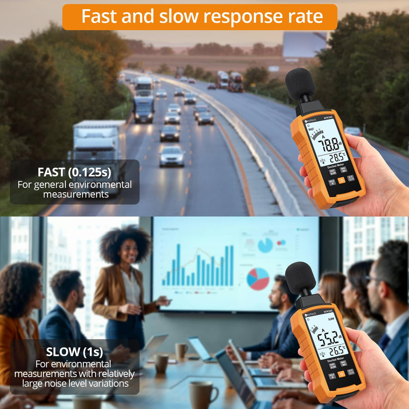Neoteck 30-130dB Decibel Meter with A/C Weighted Digital Sound Level Meter with MAX/MIN Fast/Slow Response Rate Portable Backlight SPL Meter with Data Hold for Home Office Factories Noisy Neighbors