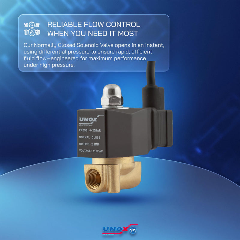 UNOX 1/4 Inch NPT Brass Electric Solenoid Valve 110V AC with 6 ft Cable, 3 Wire Connection, 1/8" Converter Included, Normally Closed, Pressure 0-363 PSI (0–25 bar), Water, Air