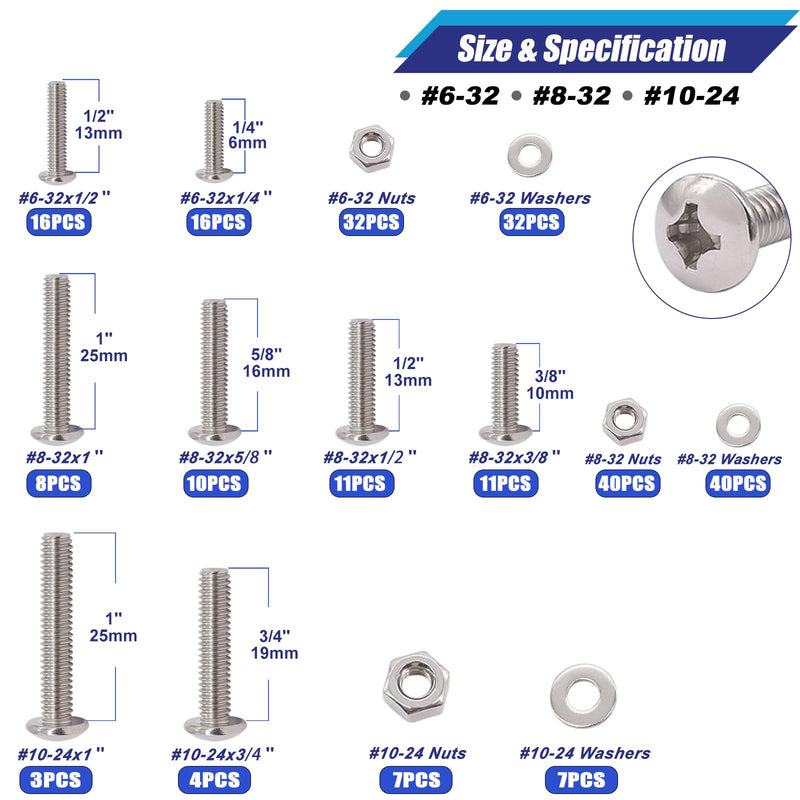 [Australia - AusPower] - Taiss Machine Screws Nuts and Bolts Assortment Kit,304 Stainless Steel Bolts and Nuts Kit,#6-32#8-32#10-24 8 Sizes Phillips Pan Head Bolt and Nut & Washers +30 Sets 1/4-20 Threaded Inserts for Wood 