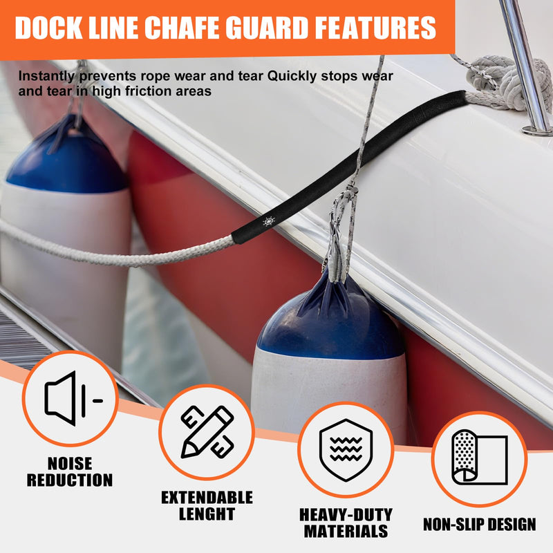 Dock Line Chafe Guards 24 Inch Removable Anti Chafe Protective Boats, Dock Lines Black Rope Protector Eliminates Squeaking Protects Boat from Wear 2