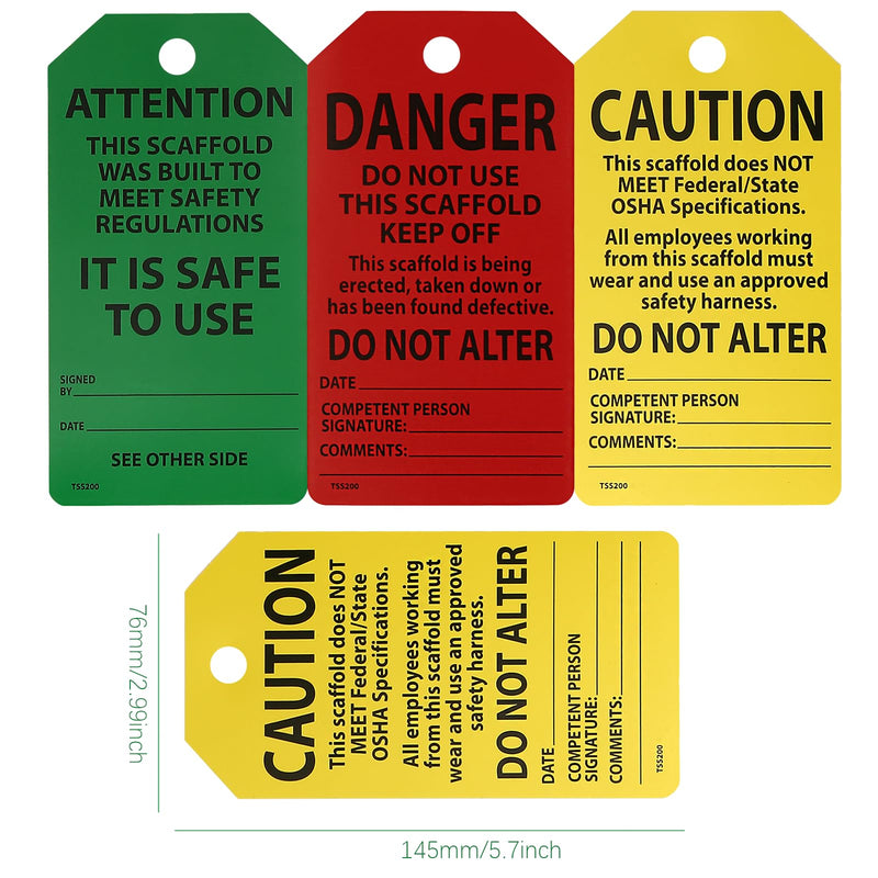 25-Pack Waterproof Scaffolding Inspection Tags,Danger/Caution/Attention,3-Way Design (Red, Yellow, Green) Tri Fold Program Card Safety Tags, Signs, and Scaffold Status Labels