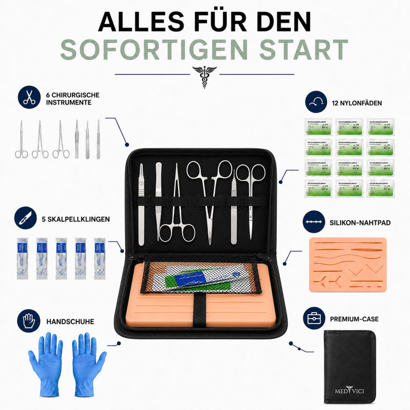 Surgical Suture Kit in Black - Sewing Kit Medicine for Suture Training & Medical Studies | Suture Practice Kit | Suture Set Exercise Medicine with 3-Layer Suture Pad, 12 Threads & Premium Case | Medi | Designed by medical students in Germany