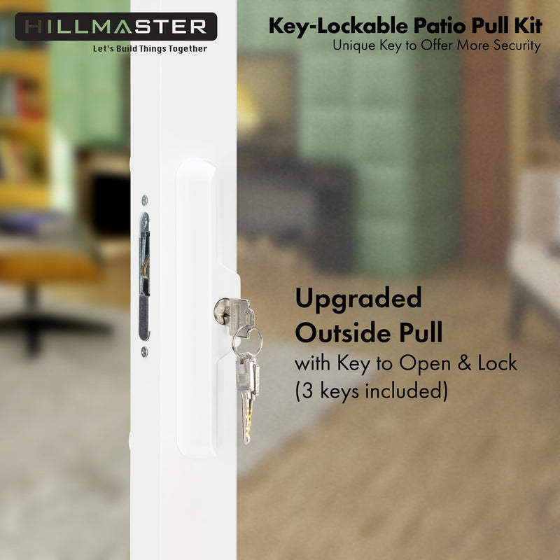HILLMASTER Sliding Glass Door Handle with Mortise Lock and Key Cylinder,Patio Door Lock with Key Replacement Patio Door Handle Set Sliding Door Lock Fits 3-15/16" Screw Hole Spacing,Reversible Design White