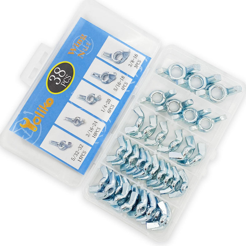 [Australia - AusPower] - 38 Pcs 5 Sizes 5/32",3/16",1/4",5/16",3/8" Wingnuts, Quality Carbon Steel Wing Nuts Zinc Plated Fasteners Parts Butterfly Nut, Hand Twist Tighten Hardware Nuts Butterfly Wing-Nut Assorted Kit 5 Sizes-38 Pcs 
