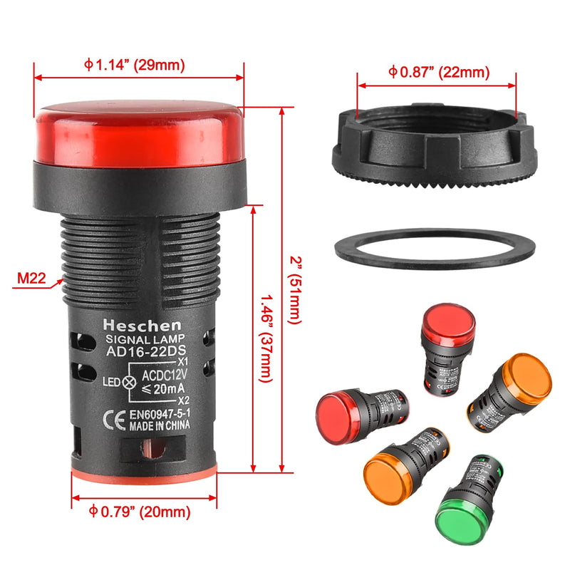 Heschen 22mm LED Indicator Light AD16-22D/S 12V DC 20mA Red/Green/Yellow Light Color (Pack of 3)