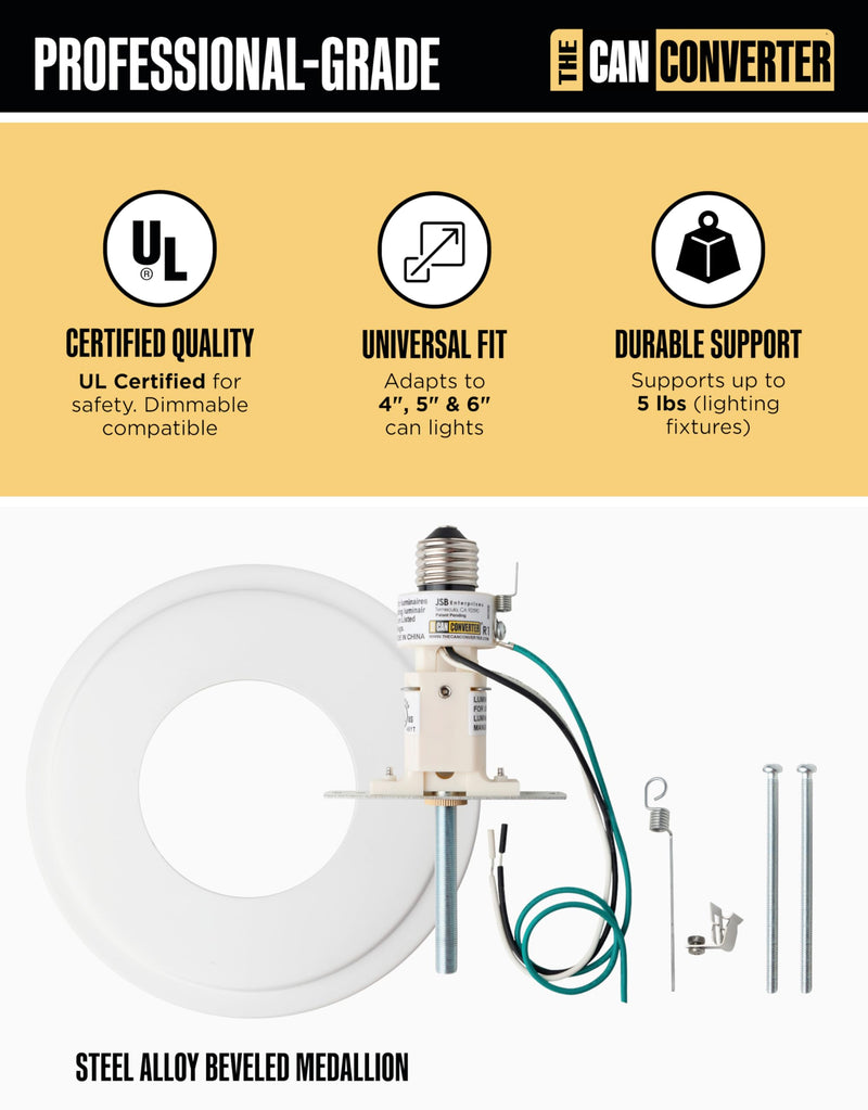 The Can Converter R1 Recessed Can Light Conversion Kit w/ 8¼" Steel Beveled Ceiling Medallion - Home Improvement for 4", 5" & 6" Cans, Fan & Light Fixture Converter Kit, UL Certified, White