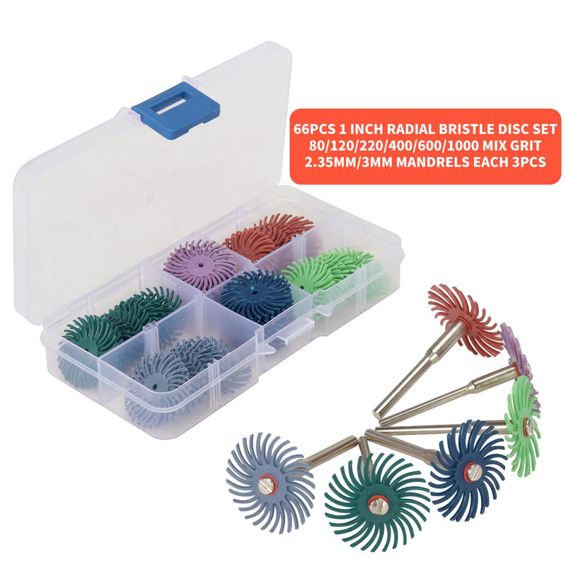 66Pcs 1 Inch Radial Bristle Disc Kit with 1/8" Shank for Rotary Tools,Detail Abrasive Brush for Jewelry Wood Metal Polishing, Bristle Wheel with Grit 80-1000