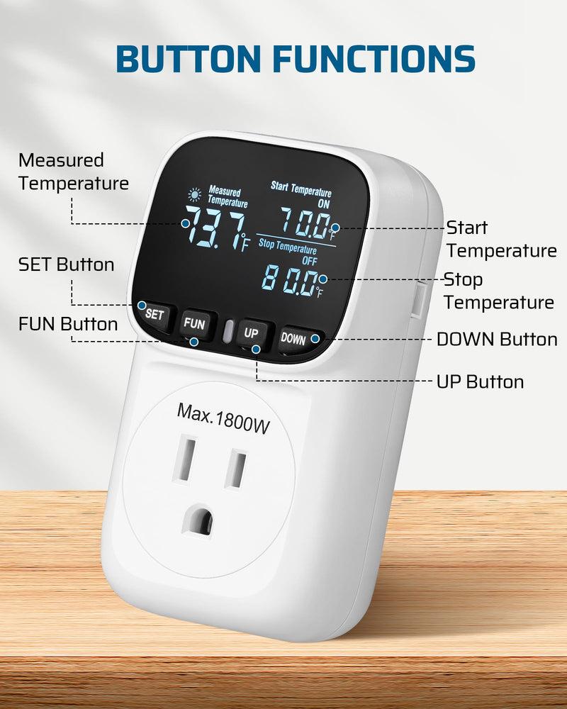 [Australia - AusPower] - DEWENWILS Digital Temperature Controller, Heavy Duty 15A/1800W Thermostat Outlet Plug, VA Display Heating Cooling Control Timer, -40?~210?, Cyclic Timing/Countdown, for Greenhouse Incubator Homebrew 