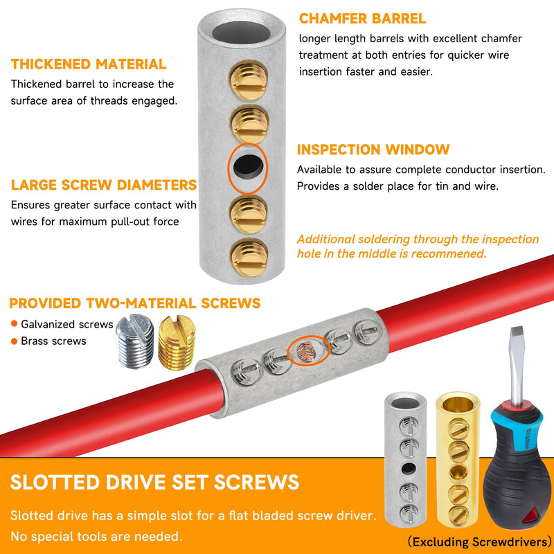 0000 Gauge Butt Splice Wire Connectors 4PCS Tinned Brass Mechanical Splice Connectors Kit 4/0 AWG Mechanical Repair Splice Kit Splice Screw Sleeves 4PCS Mechanical Butt Splices & 3:1 Heat Shrink Tubes 0000 (4/0) Gauge Mechanical Splice - Tinned Brass