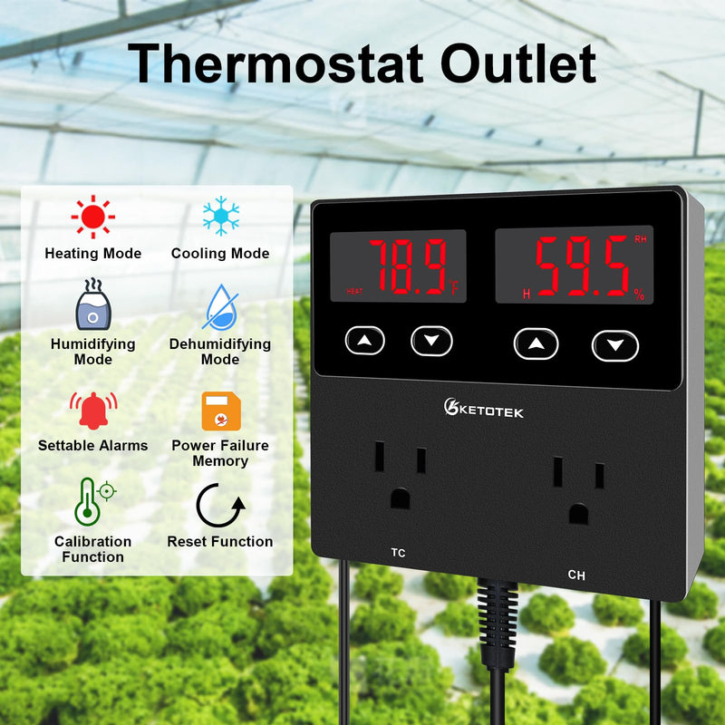 [Australia - AusPower] - KETOTEK Digital Temperature and Humidity Controller Outlet, Reptile Thermostat Plug Dual Stage Pre-Wired for Mushroom Greenhouse Homebrew 