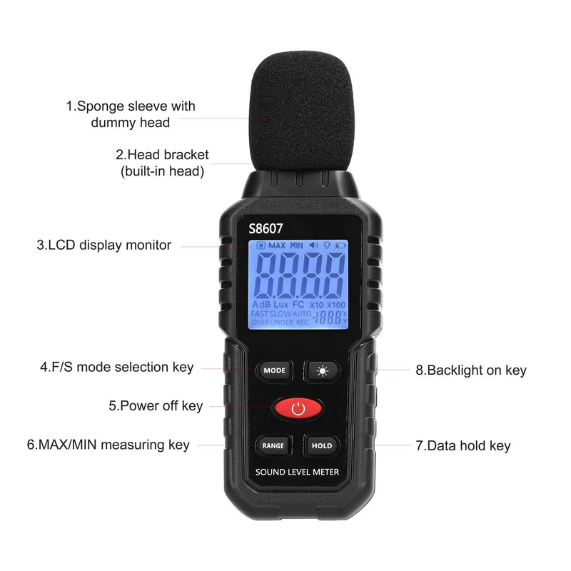 [Australia - AusPower] - S8607 Decibel Meter, Digital Sound Level Meter, Noise Decibel Portable SPL Meter 30dB to 130dB Data Hold with LCD Display Backlight Screen 