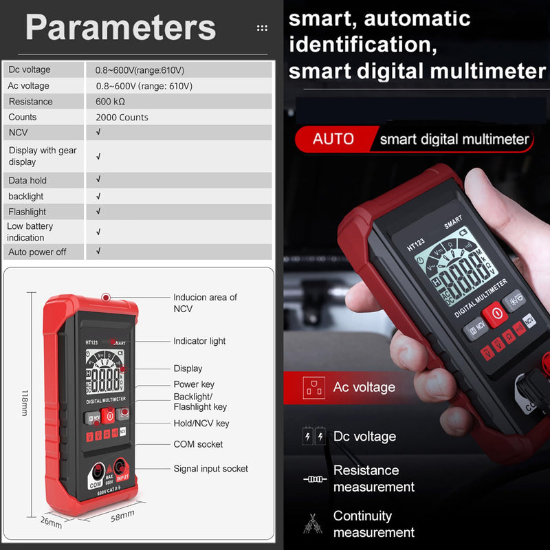 [Australia - AusPower] - XIRUJNFD Smart Digital Multimeter HT123 TM-510 4000 Counts, Automatic Voltage Tester With Non-Contact Voltage for AC/DC (1) 1 