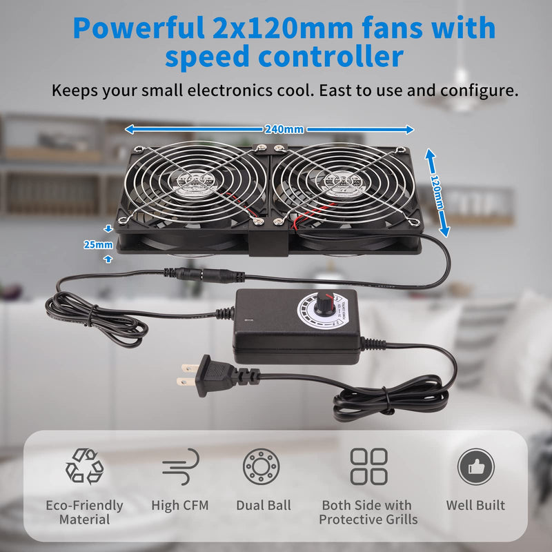 Dual 120mm High CFM Computer Fans with AC Plug, AC 110V - 240V Variable Speed Fan, Cooling for Server Closet Cabinet Mining Machine Chassis Workstation 9.5in fan with speed controller