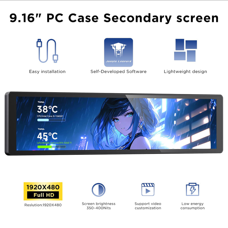 TZMRIT 9.16 Inch Universal LCD Screen Display for PC, Customizable ARGB Frame, Temperature Display Panel, Mini Monitor, with Preset & DIY Themes for Gaming PC Case/CPU Cooler (BK) Bk