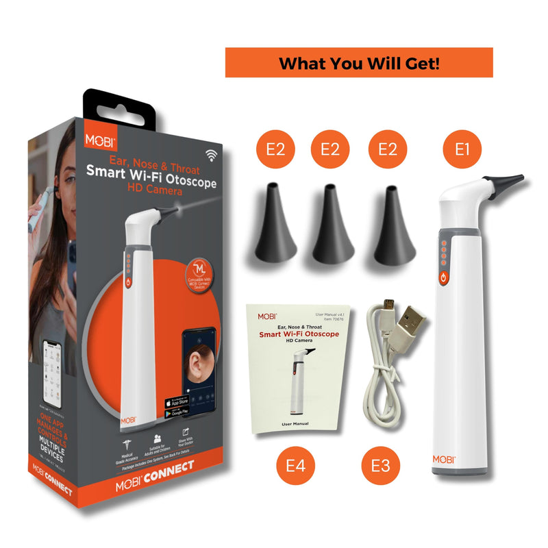 [Australia - AusPower] - MOBI Connect Wi-Fi Otoscope for Ears, Nose & Throat - 1080P HD Lens, Multi-Axis Gyroscope, 6 LED Lights, 90+ Min Use, 3 Ear Speculum, Suitable for Adults & Children 