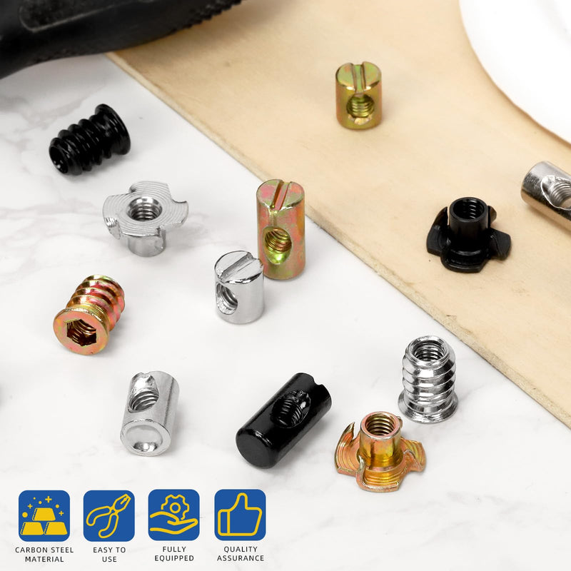 [Australia - AusPower] - Glarks 150pcs M6 x 10/12/15/20mm Nickel Plated Barrel Cross Dowels Slotted Nut Kit, Includes 100pcs Barrel Nut, 25pcs M6x10mm 4-Pronged Tee Nut, 25pcs M6x15mm Hex Socket Threaded Insert Nuts 150pcs Silver Barrel Nut Set 
