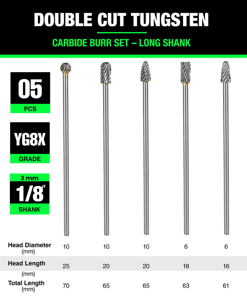 Carbide Burr Set Long Shank 5PCS, 1/8" Shank Tungsten Carbide Rotary Burr Bits for Metal Grinding, Deburring, Carving & Engraving – Die Grinder Drill Attachment for Steel, Aluminum, Wood 1/8 in