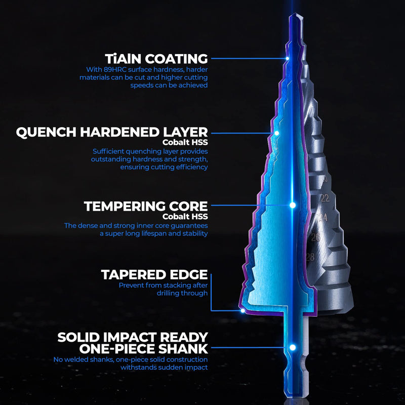 [Australia - AusPower] - toolant Four Spiral Flute Cobalt Step Drill Bit(Pro), 3/16" - 7/8"(12 Step Size) Impact Ready Unibit Step Drill Bit, 1/4" Hex Shank Step Bit for Metal, Stainless Steel, Aluminum, Plastic 3/16" - 7/8" 