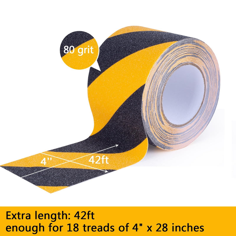 Anti Slip Tape, 4 Inch x 42 Ft Grip Tape for Stairs Outdoor/Indoor, Waterproof Non Skid Roll for Stair Treads Non Slip, High Traction Friction Abrasive Adhesive Stair Steps, Caution Yellow/Black 4" x 42'