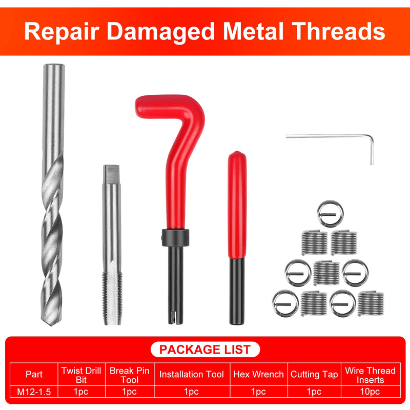 [Australia - AusPower] - 15 PCS Metric Thread Repair Insert Kit M12*1.5mm Drill Bit Taps Tool Set for Internal Screw Holes Repairing(Red) Metric,M12×1.5mm 