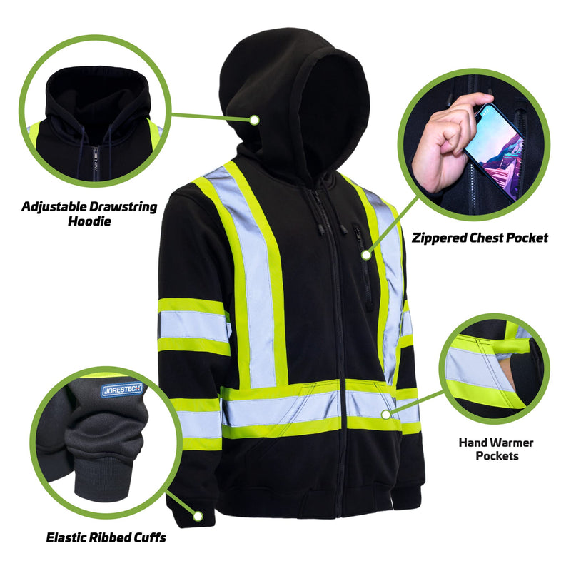 JORESTECH Hi-Visibility Full-Zip Safety Hoodie, ANSI/ISEA Compliant Reflective Work Sweater, 100% Polyester X-Large Black