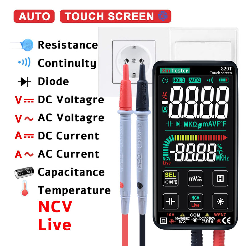 Xin Tester Digital Multimeter Smart Touch Screen Auto-Ranging 9999 Counts TRMS Rechargeable Multi Tester NCV Voltmeter Ohmmeter Tests Current Voltage Resistance Capacitance Frequency Diode Temperature FS8233 Pro