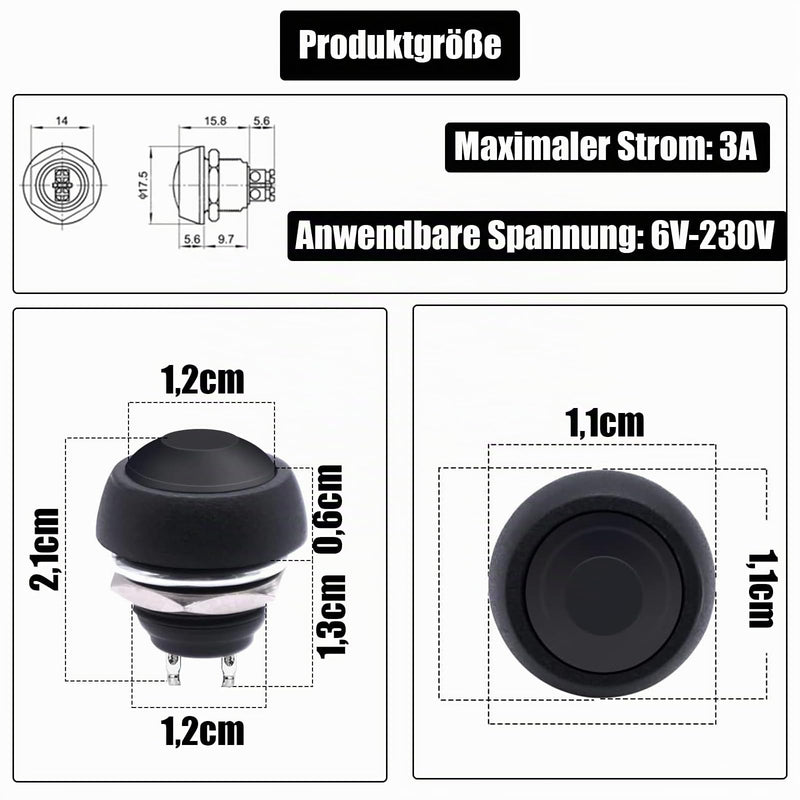 Powice 2 x 12 mm Waterproof Ball Head Switch Round with Screw Feet, Metal Push Switch, Momentary Button Switch 3A/6V/12V/36V, Suitable for Horns, Car Bells, Cars etc. (Protruding) Black Black with pins
