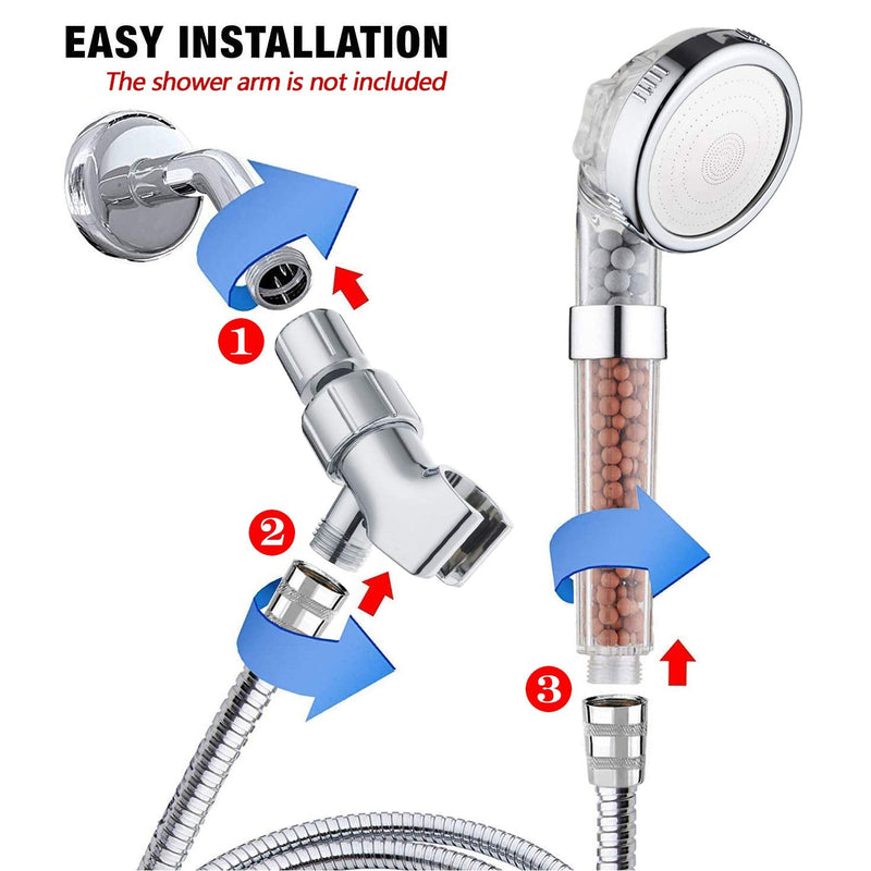 PRUGNA Filter Shower Head with Hose and Shower Arm Bracket, High Pressure & Water Saving Handheld Shower, 3-Settings Filter Showerhead for Dry Hair & Skin SPA