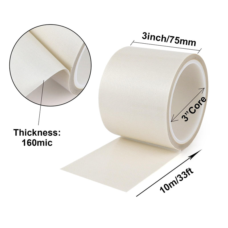 BOMEI PACK White PTFE Teflonn Glass Cloth Tape, 3inch x 33ft High Temperature Tape Fiberglass Adhesive, Heat Resistant for Fabric,High-Speed Sealing Machine,Vacuum Sealer Machine,1 Pack