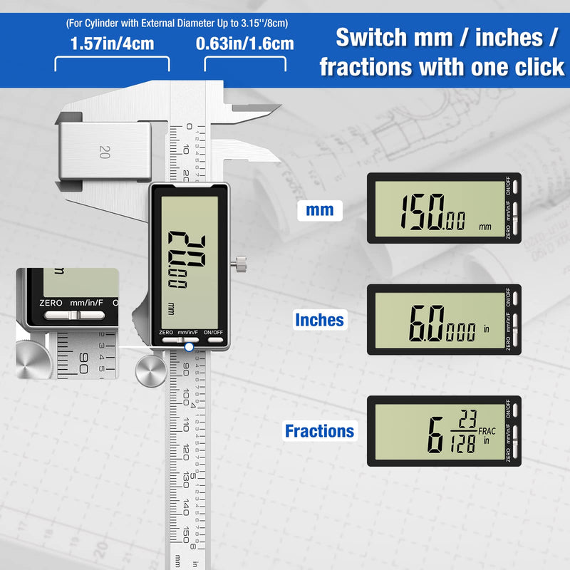 Raynesys Electronic Digital Caliper 6", Professional Precision Micrometer Calipers, ±0.001"/0.02mm Accuracy, Large LCD Display, Stainless Steel Diameter Measuring for Woodworkers/Jewelers/DIY Projects 6inch