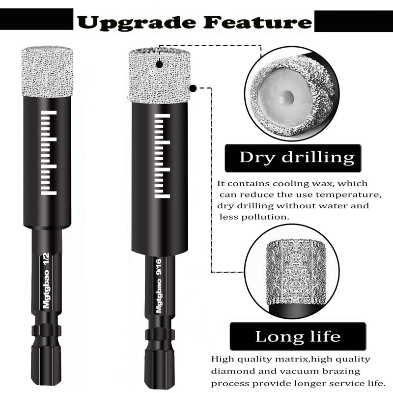 6pc 9/16” Black Dry Diamond Drill Bits Set, 14mm Hex Shank Core Drill Bit Brazed with Cooling Wax for Porcelain Tile Ceramic Concrete Granite Marble Hard Materials (not for Wood). 9/16 in 6