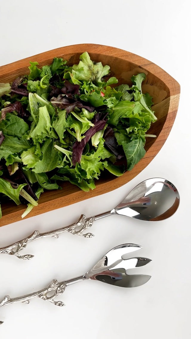 Twig Salad Servers Brass & Stainless Steel, Fork & Spoon Set Leaf Design, Two Tone Ideal for Weddings, Dinner, Elegant Flatware, Housewarming, Stainless Steel Mirror Polished