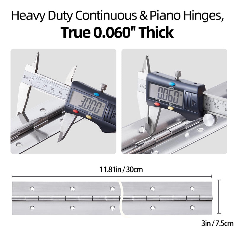 [Australia - AusPower] - 2 Pack Heavy Duty Piano Hinge 12 Inch x 3 Inch Stainless Steel Continuous & Piano Hinges with Holes, 12" Continuous Hinges for Cabinet, Door, DIY Wood Boxes, 0.060" Leaf Thickness, 3" Open Width 
