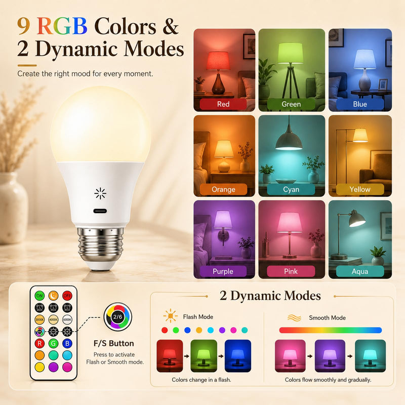 2 x 2600mAh Battery Rechargeable Light Bulb with Remote Control & Touch | E27 Akku Glühbirne, USB-C, 3 Farbtemperaturen, 9 RGB-Farben & 2 Modi, LED, Dimmbar, 8W, 3 Timer, Haken, für Lampen ohne Strom 2 Stück