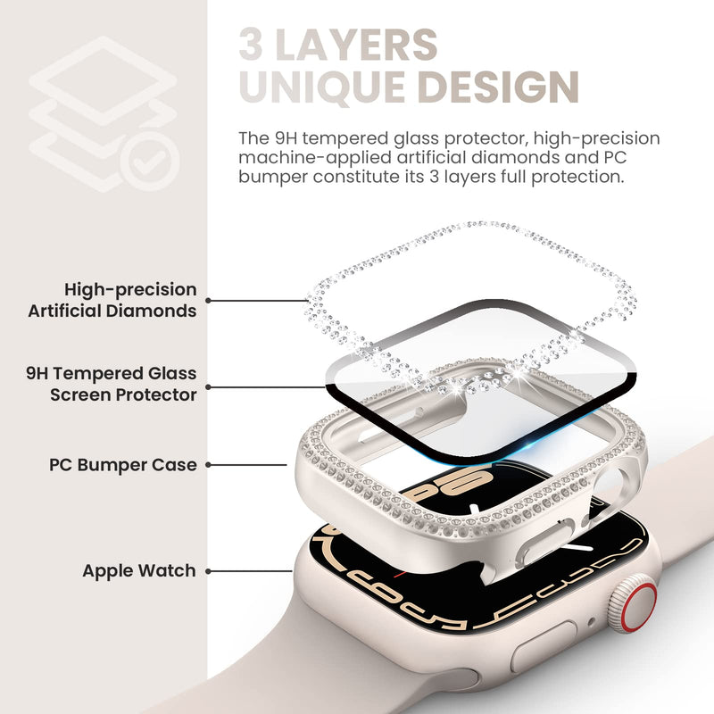 [Australia - AusPower] - Tensea [3Pack for Apple Watch Screen Protector Case Series 9 8 7 41mm Accessories, iWatch Hard PC Diamond Bumper Case Built-in Tempered Glass Film, Protective Bling Face Cover for Women Girls, 41 mm for 41mm only Clear/Pink Gold/Starlight 