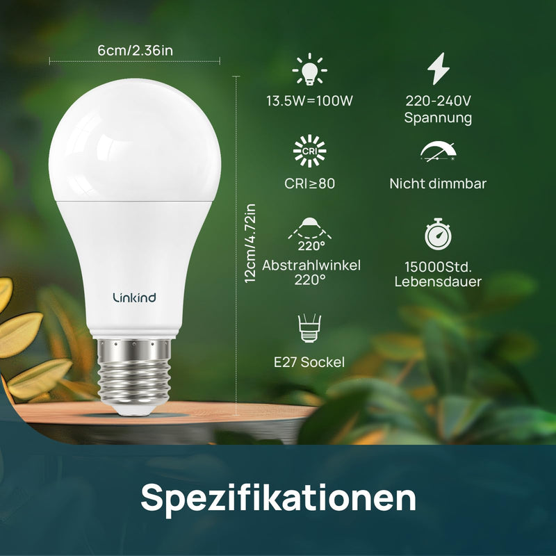 Linkind 13.7 W Super Bright E27 LED Bulb, Replaces 100 Watt, 5000 K Daylight White A60 LED Bulb 1600 LM, 220° Beam Angle, Not Dimmable, Pack of 6 100W 5000 K Cold-100 W