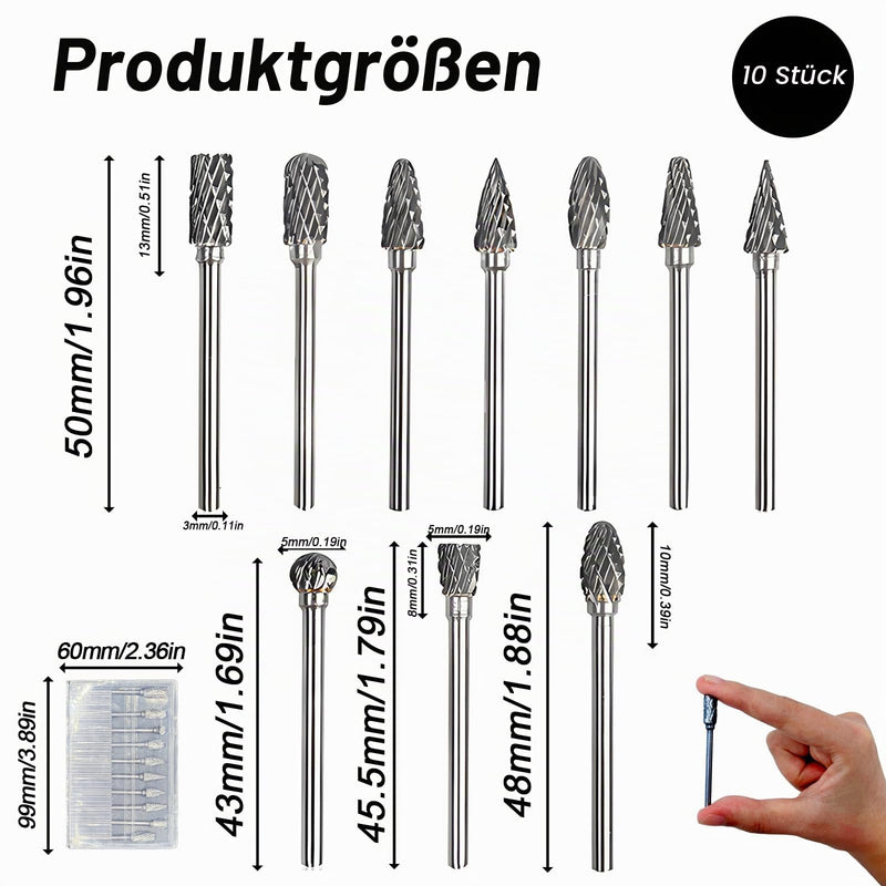 10 Pieces with 1/8 Inch Shank for Wood Carbide Burr Set for Dremel - and Metalworking, Ideal for Carving, Engraving, Drilling and Polishing for DIY Projects Cutter Attachments